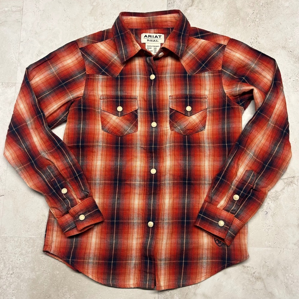 Ariat Re-AL Plaid Western Pearl Snap Shirt Red Orange Youth Size 8 S/8